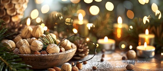 Festive Christmas treats like nut filled baked goods alongside candles and fir branches create a cozy holiday atmosphere in this copy space image