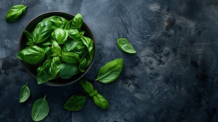 Fresh Basil Leaves in a Bowl on a Dark Background