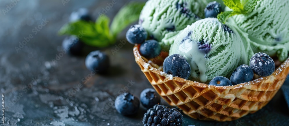 Leinwandbilder close up shot of a homemade green mint flavor ice cream with blueberries in a waffle basket with spa