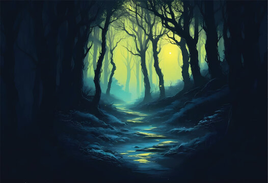 a vector illustration of a spooky forest with a stream running through it