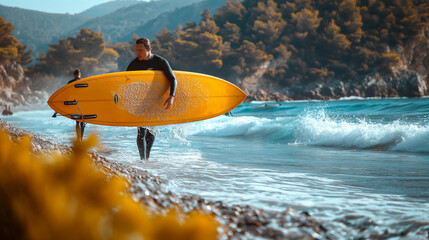 A telephoto angle photo of surfers carrying their boards to the waves, with copy space