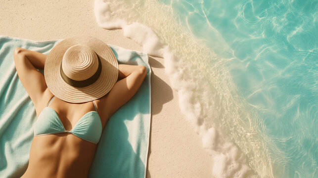 A telephoto angle photo of a person napping peacefully on a beach towel, with a hat covering their face, with copy space