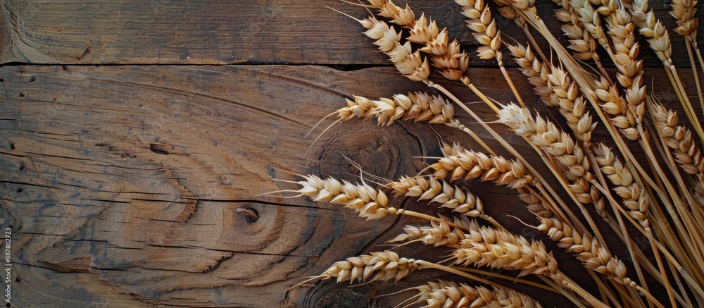 Poster copy space image featuring golden wheat rye ears arranged on a rustic wooden board