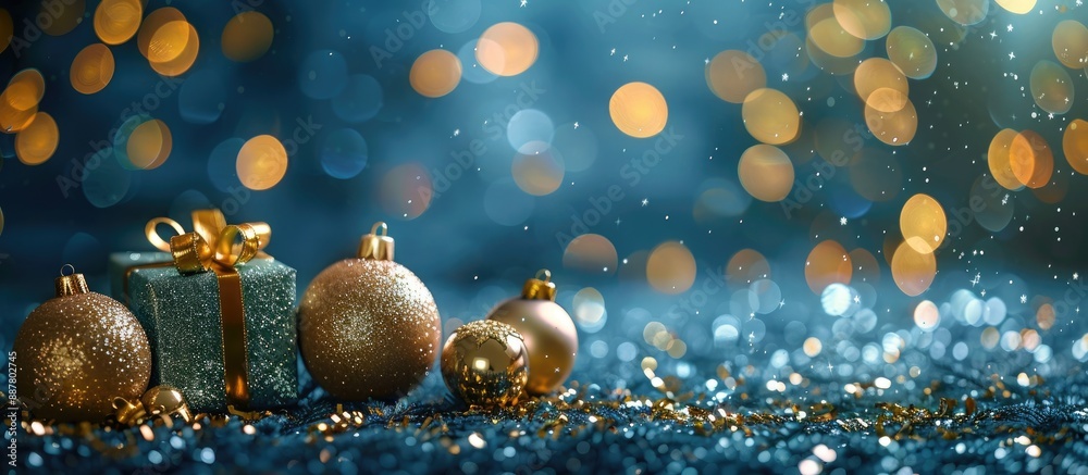 Poster a festive scene with glittering christmas ornaments and a tiny present displayed on a backdrop of bl