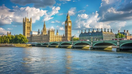 Fototapeta premium Stunning view of Westminster Palace and Big Ben along the Thames River. Iconic London landmark captured in vibrant colors. Perfect for travel, architecture, and cityscape themes. AI