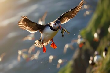 Puffin bird flying at the seaside with fish caught on its beak 