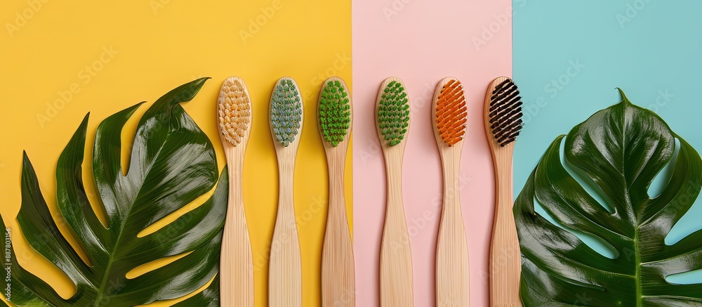 Poster toothbrushes made of wood featuring tropical leaves on a colorful backdrop with copy space image