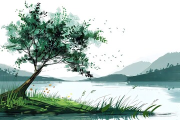 Naklejka premium Green tree with leaves. Hand drawn watercolor painting, isolated on white background.stylized summer tree. Eco design.