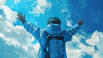 Boy in blue jacket raising hands to azure sky