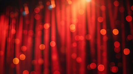 Blurred red lights and curtain create a festive bokeh effect, adding a warm and celebratory ambiance.