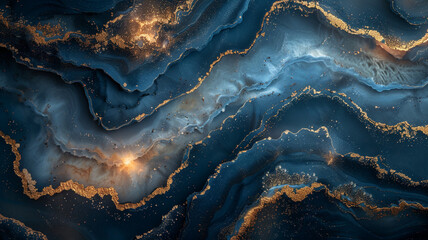 Gold veins on a dark blue background, abstract design with fluid motion