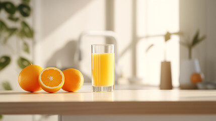 A glass of fresh orange juice on the kitchen table