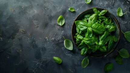 Fresh Basil in a Bowl on a Dark Background