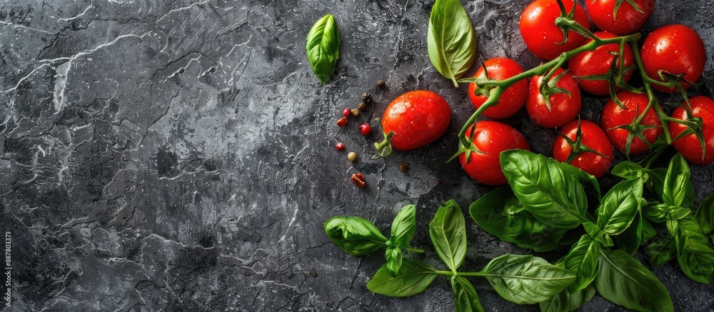 Leinwandbilder top view of italian cuisine with a tomato and basil arrangement on a stone table allowing for person