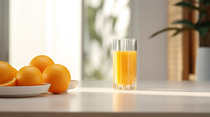 A glass of fresh orange juice on the kitchen table