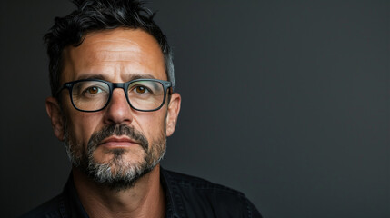 Obraz premium A serious-looking Millennial man in his late 30s with short black hair and glasses
