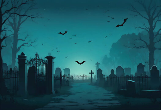 a simple vector with a cemetry and iron fence with bats flying around it