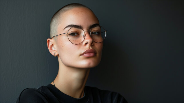 A serious-looking non-binary person in their late 20s with a shaved head and glasses