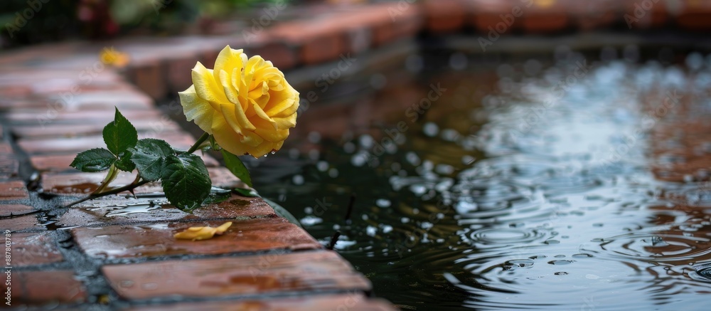 Poster a yellow rose adorns the brick pond s edge enhancing the serene view in the copy space image