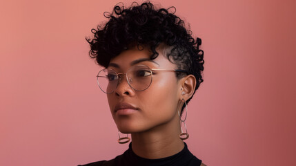 Obraz premium A serious-looking non-binary person in their late 20s with short, curly black hair and glasses