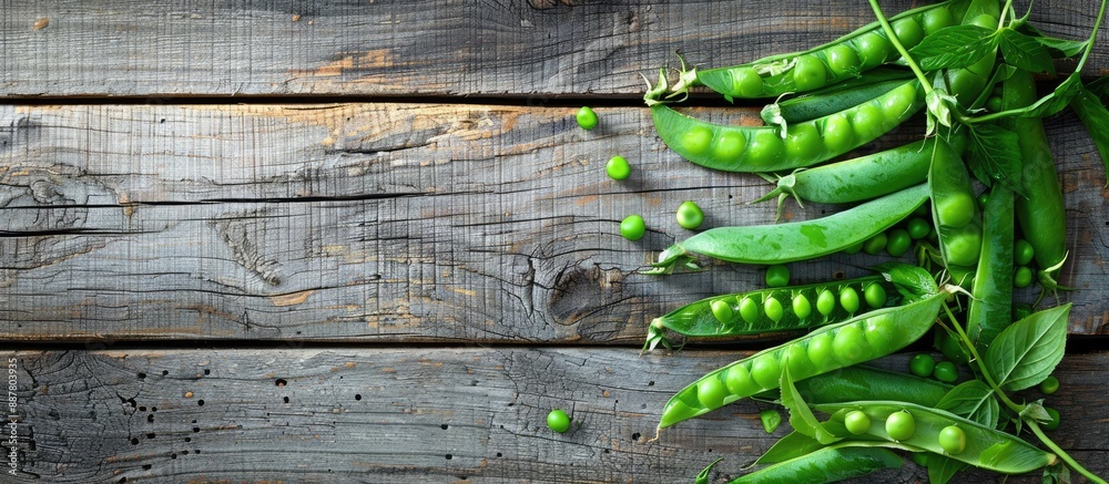 Poster fresh green peas arranged attractively on a wooden surface from a top view with ample copy space ima