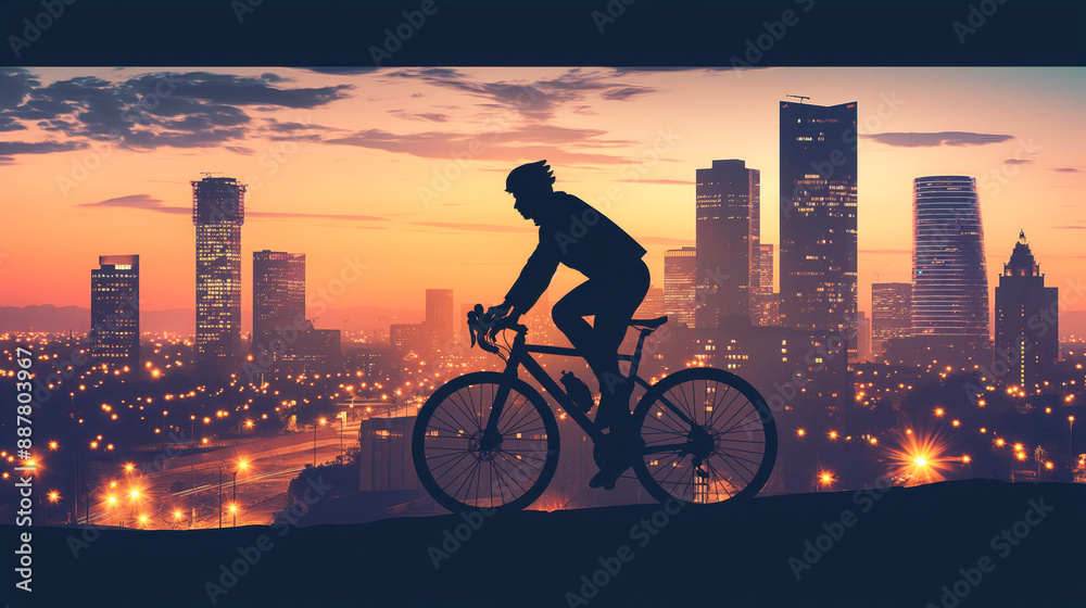 Sticker silhouette of a cyclist riding a bicycle against a city skyline at sunset with colorful sky and city