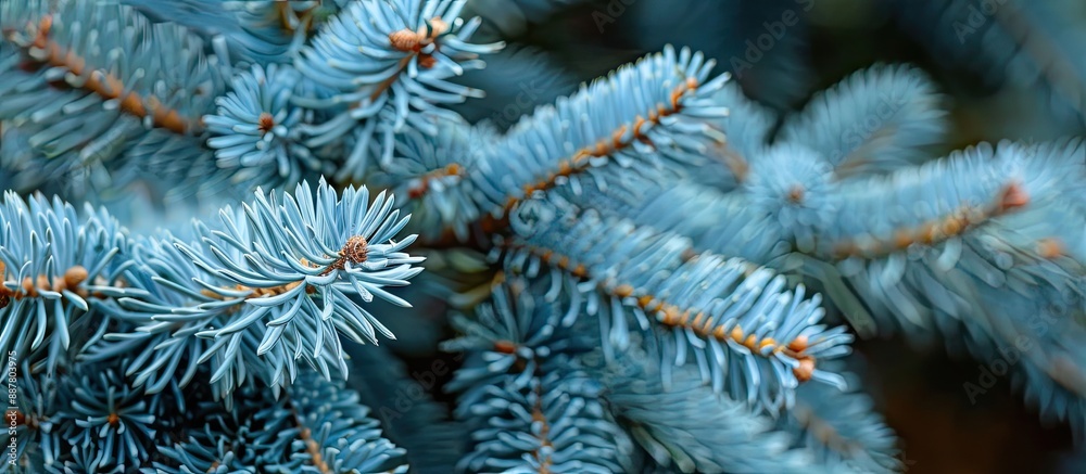 Poster close up image of fresh blue spruce branches in a japanese garden setting with copy space for botani