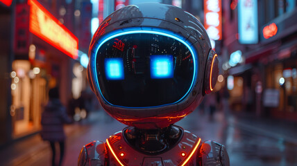 Robot learns surrounded by technology and data close up