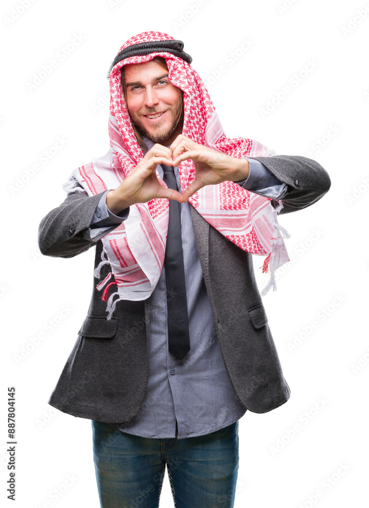 Poster young handsome arabian man with long hair wearing keffiyeh over isolated background smiling in love 