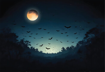 a painting of bats flying in the night sky with the full moon in the background