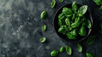 Fresh Basil Leaves on a Black Plate
