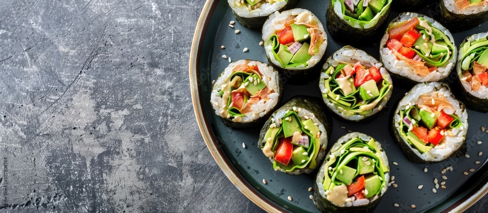 Poster Top down view of homemade avocado tuna wraps arranged on a plate with space for text in the image. with copy space image. Place for adding text or design