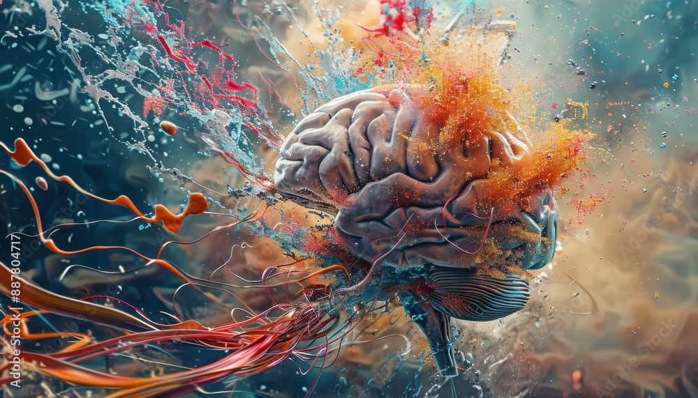 Wall mural human brain surrounded by colorful splashes and lines