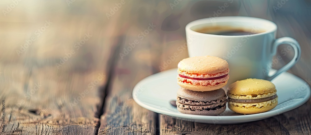 Poster Breakfast featuring macaroons and coffee with a selective focus on a copy space image