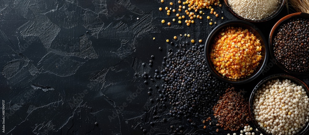 Fototapete assortment of buckwheat lentils rice millet barley corn black rice on black backdrop viewed from abo
