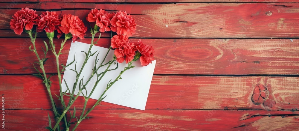 Poster Mother s Day photography concept featuring lovely carnations on a template card placed on a bright wooden table with copy space image available captured from a flat lay top view for a mock up