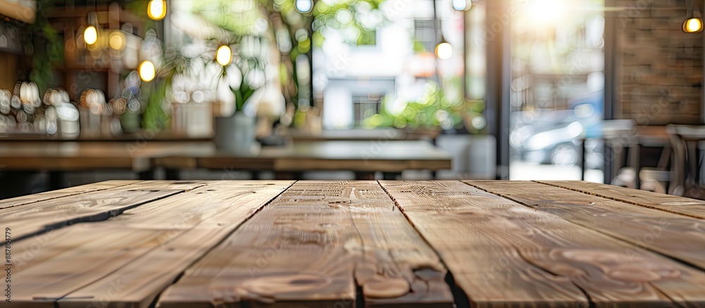 Poster empty brown wooden table in focus with a blurred coffee shop background providing a suitable copy sp