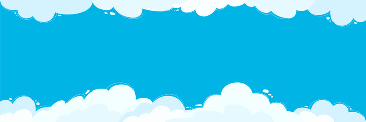 Cloudy text frame. Vector horizontal illustration with border of soft clouds on bright blue background for design. 