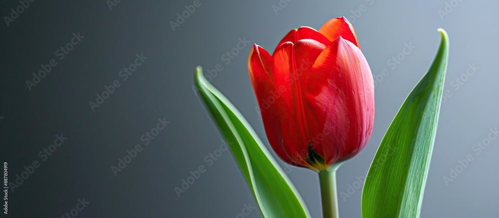 Aufkleber A close up photo of a red tulip with a green leaf in the backdrop providing ample copy space image