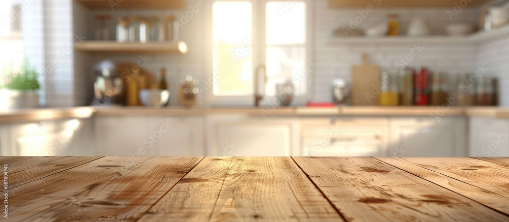 Poster blurred kitchen interior background with an empty wooden table providing copy space image available