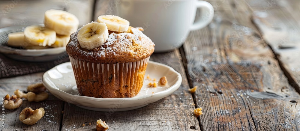 Poster close up of a banana nut muffin served alongside coffee for breakfast on a vintage rustic wood kitch