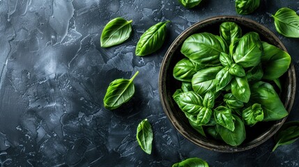 Fresh Basil in a Rustic Bowl on Dark Background