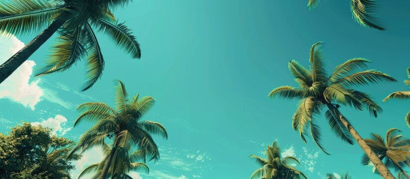 Background of tropical palm trees creating a summery vibe conveying a holiday and travel theme with a designated area for additional content in the image