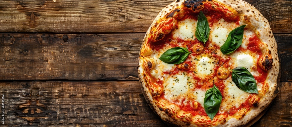 Poster top down view of a margherita pizza on a wooden surface with room for text or other elements a perfe