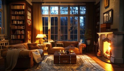 Cozy Evening in a Living Room With Fireplace and Bookshelves