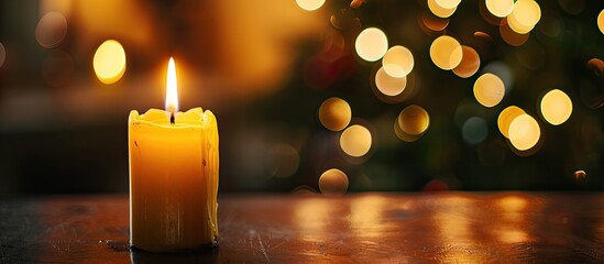 A solitary candle flame illuminates a large yellow candle against a dark backdrop on a church table set for Christmas funerals or memorials leaving room for a copy space image