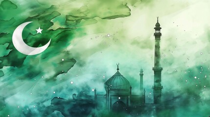 Watercolor painting illustration for Pakistan Independence Day with mosque.