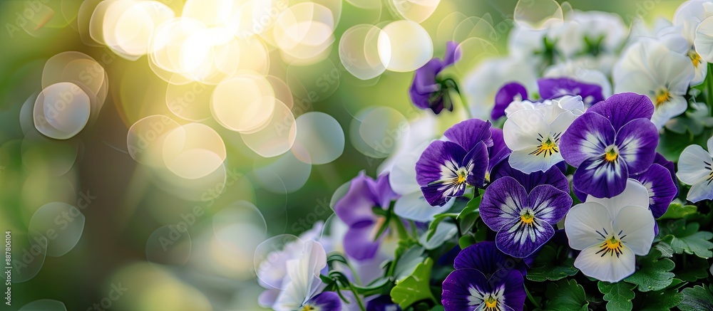 Poster bouquet of white and purple pansies on tree backdrop in nature with copy space image
