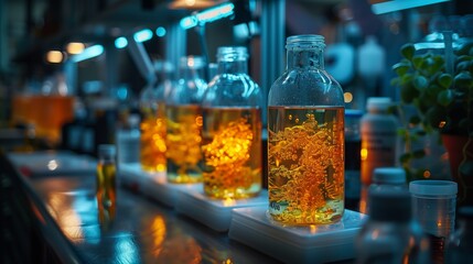 Close-up of lab experiment with glass flasks of yellow liquid containing delicate structures likely grown through synthetic biology.