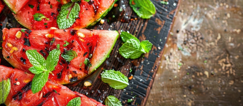 Poster Grilled watermelon slices with mint in a close up copy space image